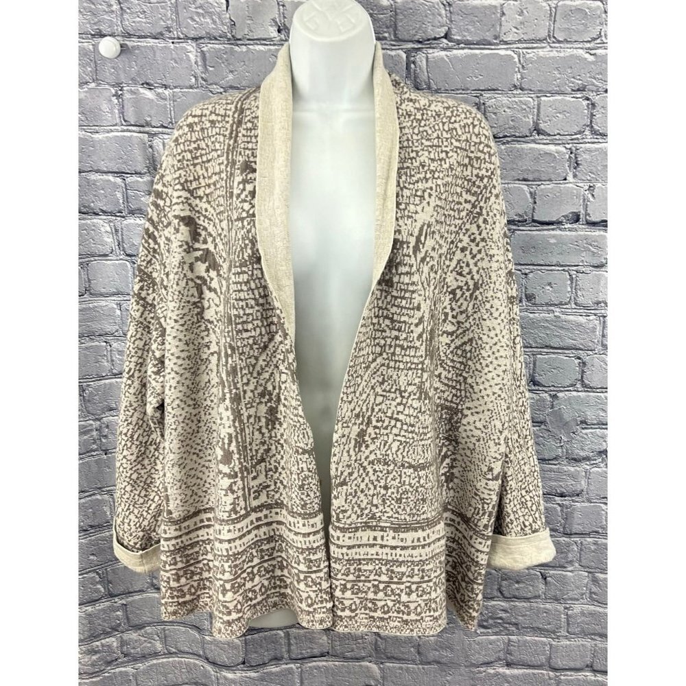 J. Jill Pure Jill  Birch Bark Print Beige Open Front Cardigan Sweater Large - Picture 8 of 10